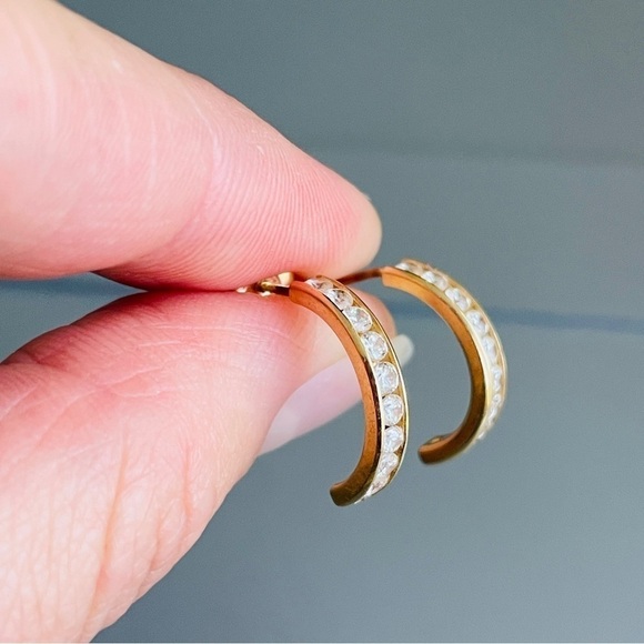 14k Gold White Cubic Zirconia Pave Half Hoop Earrings - Picture 2 of 7